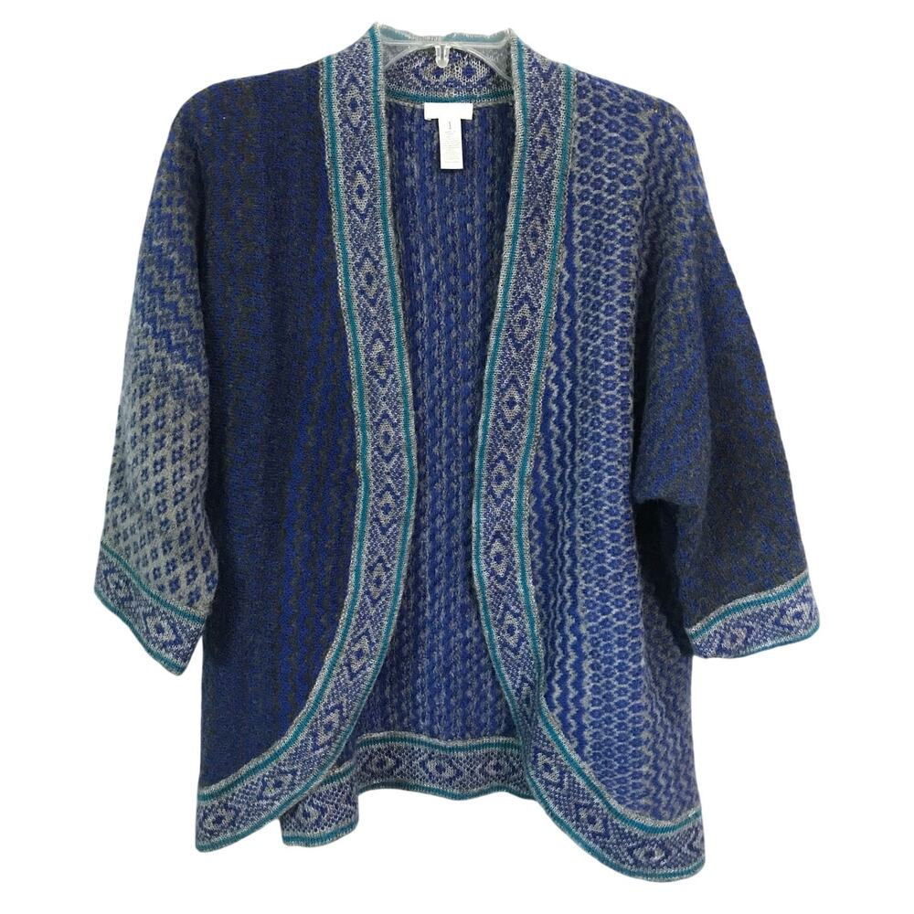 Chicos Sweater Size 1 Womens Wool Nordic Design Blue Gray Color Block Medium